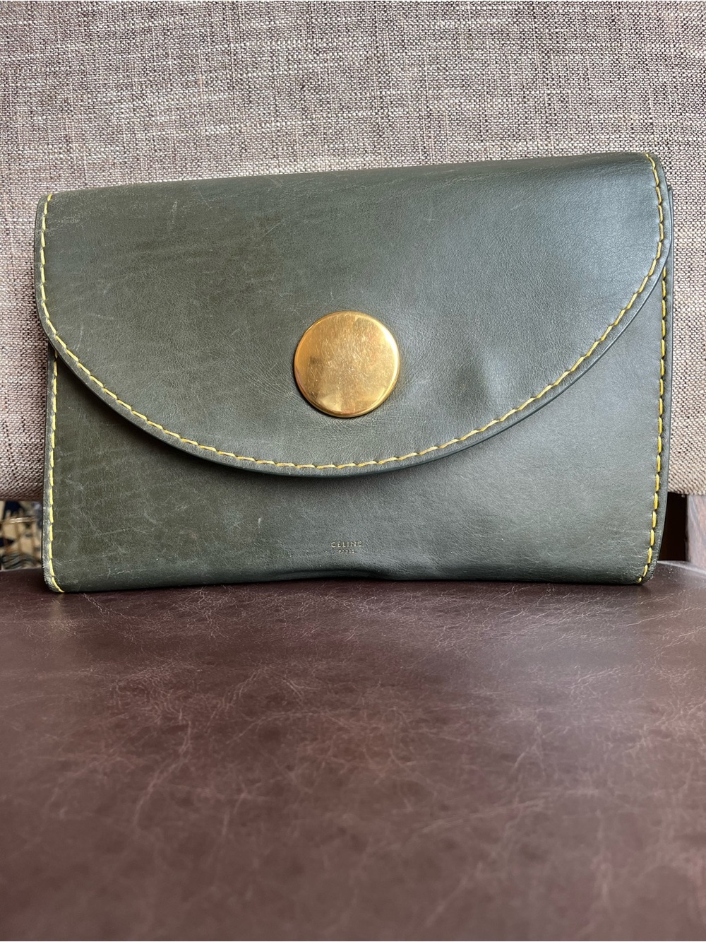 Celine Green Leather Clutch with Gold Button - Picture 2 of 13